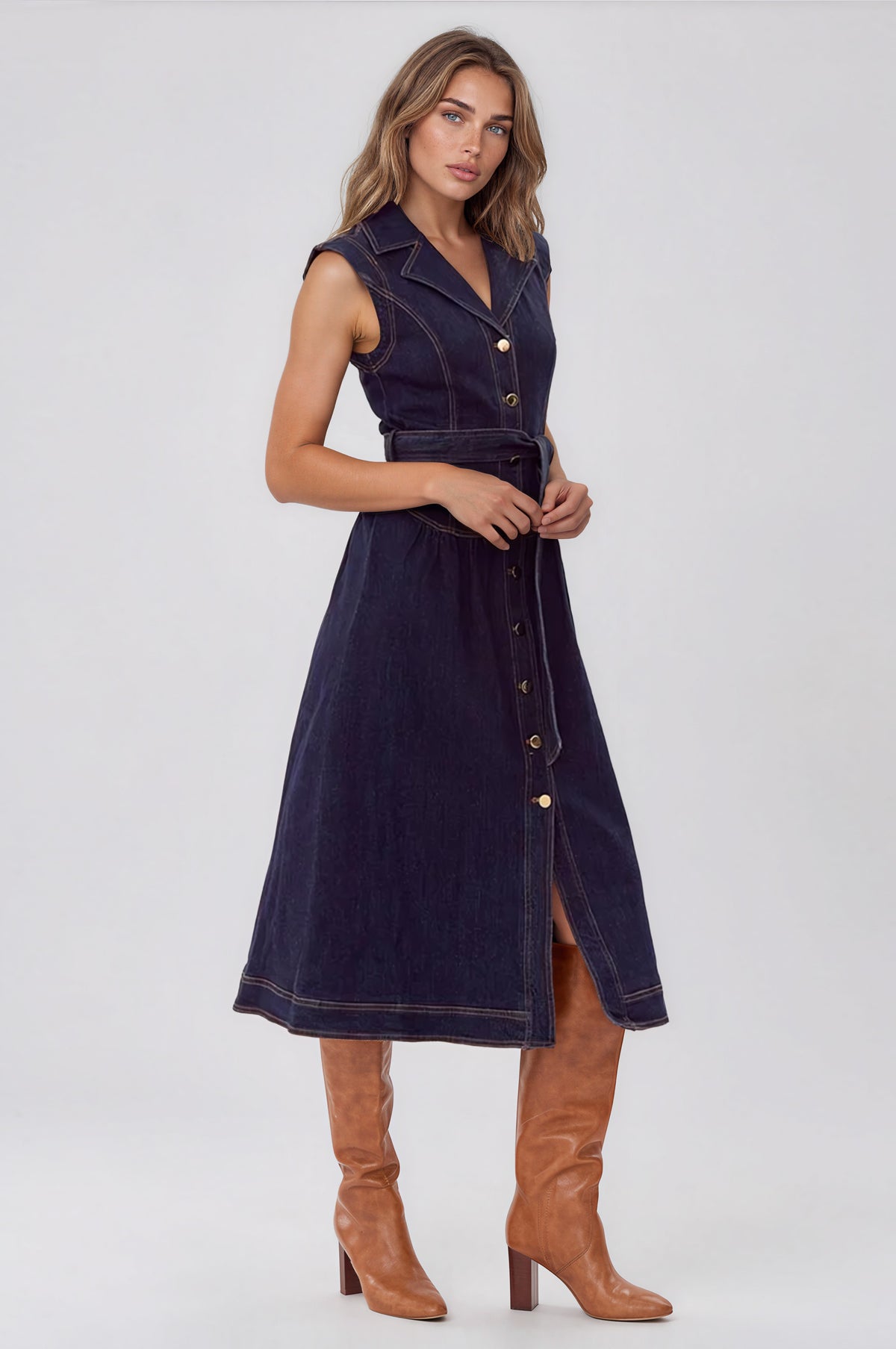 Gloria Belted Denim Shirt Midi Dress - Navy Denim (Final Sale) Gloria Belted Denim Shirt Midi Dress - Navy Denim (Final Sale)