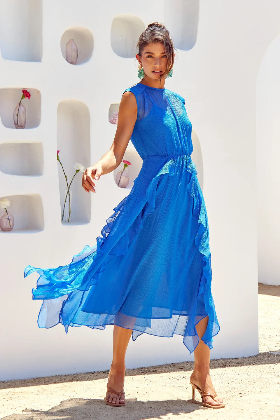 Rosalie Cascading Ruffled Midi Dress - Sea Blue Rosalie Cascading Ruffled Midi Dress - Sea Blue