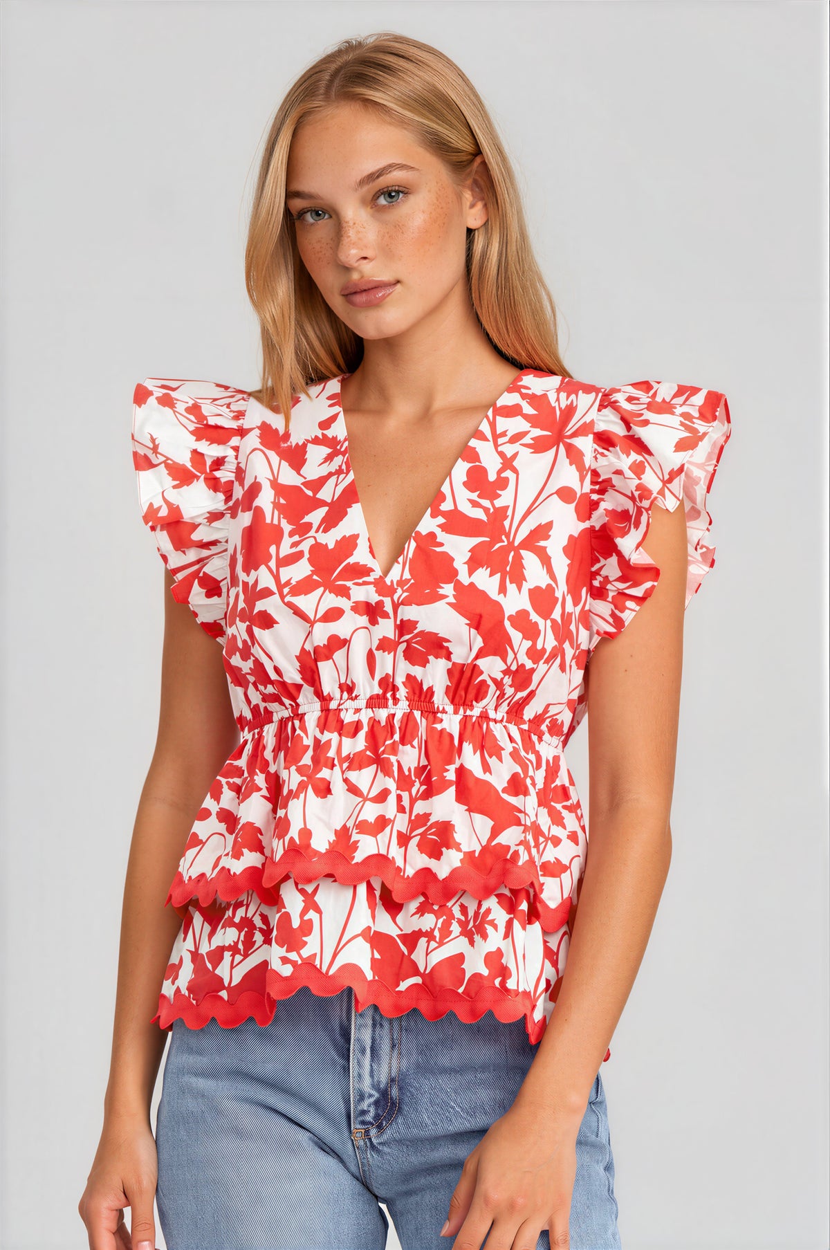 Sena Ruffled Peplum Top - Poppy Red (Final Sale) Sena Ruffled Peplum Top - Poppy Red (Final Sale)