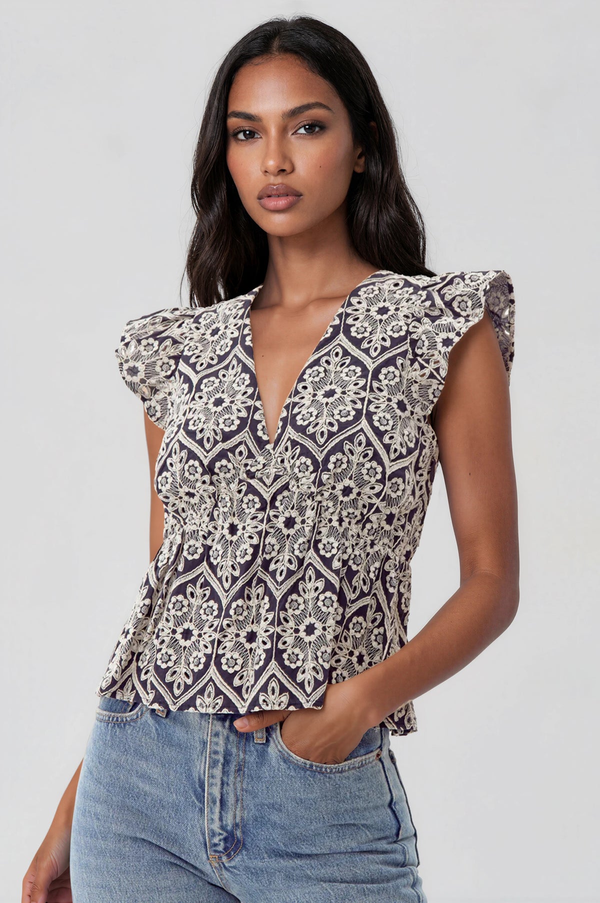 Seriana Embroidered Top - Navy/Cream (Final Sale) Seriana Embroidered Top - Navy/Cream (Final Sale)
