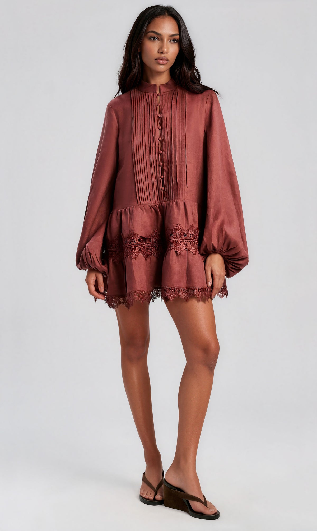 Antonia Lace Trim Mini Dress - Chestnut Antonia Lace Trim Mini Dress - Chestnut