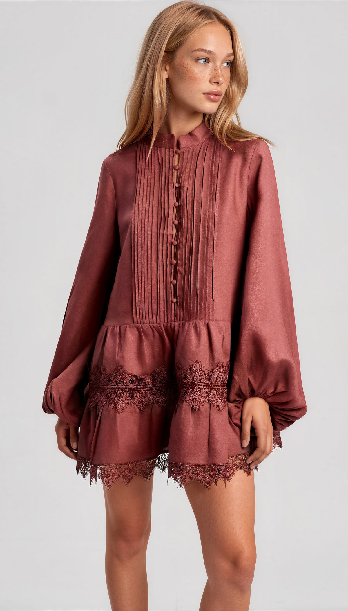 Antonia Lace Trim Mini Dress - Chestnut Antonia Lace Trim Mini Dress - Chestnut