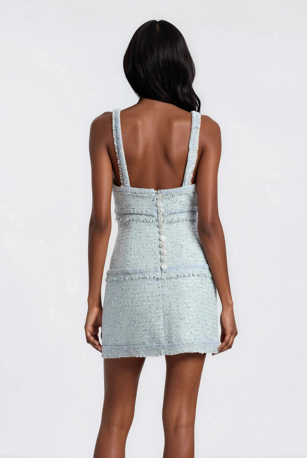 Elina Fringe Boucle Mini Dress – Blue Boucle Elina Fringe Boucle Mini Dress – Blue Boucle