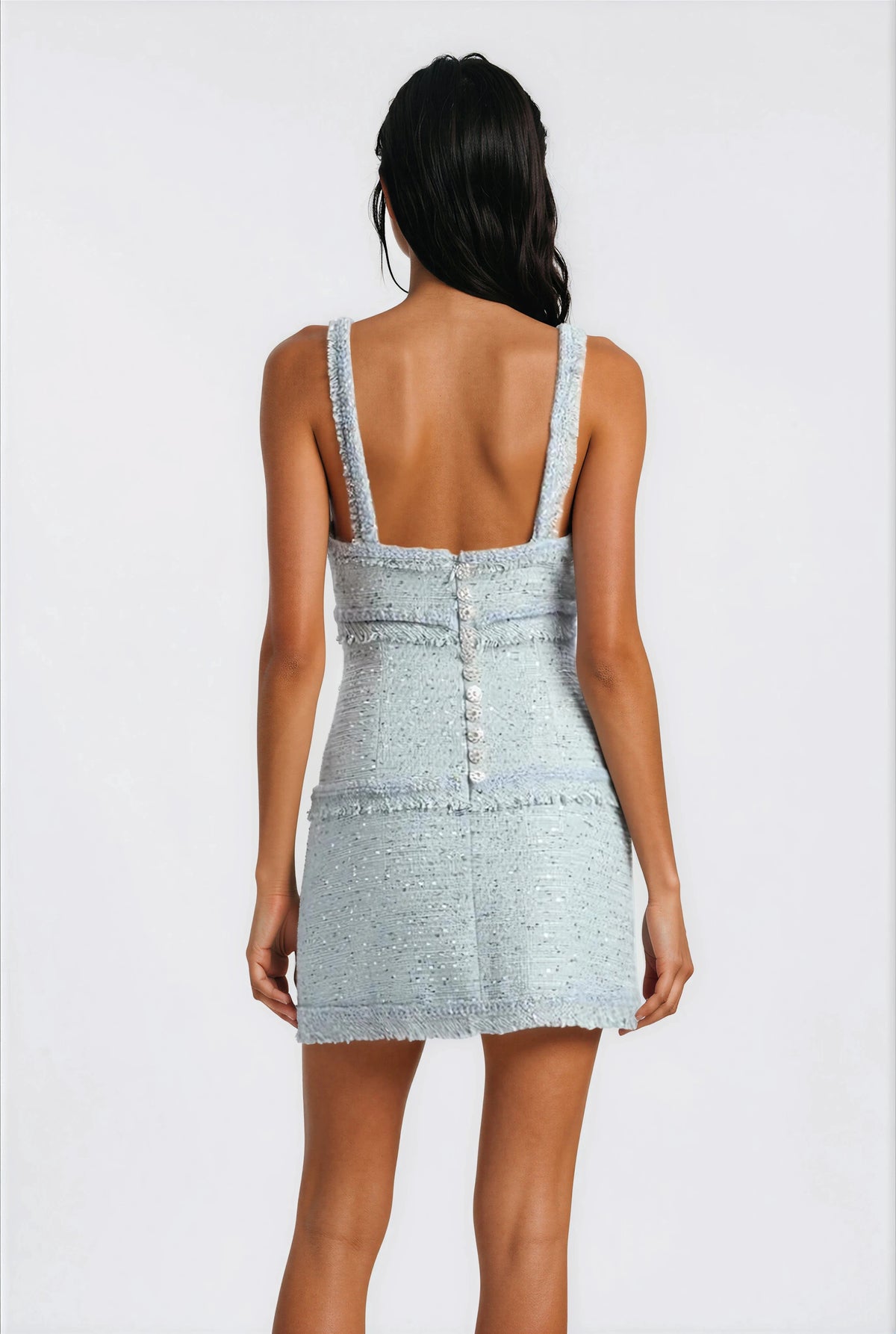 Elina Fringe Boucle Mini Dress – Blue Boucle Elina Fringe Boucle Mini Dress – Blue Boucle