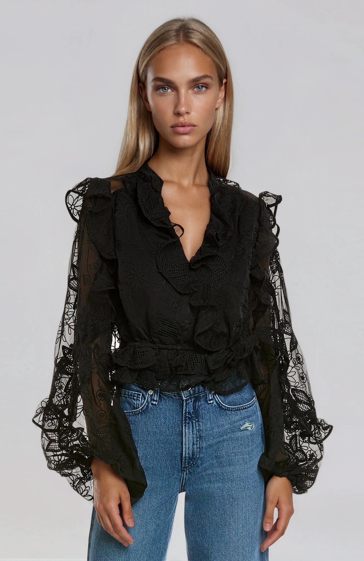 Frill Embroidered Blouse – Black (Final Sale) Frill Embroidered Blouse – Black (Final Sale)