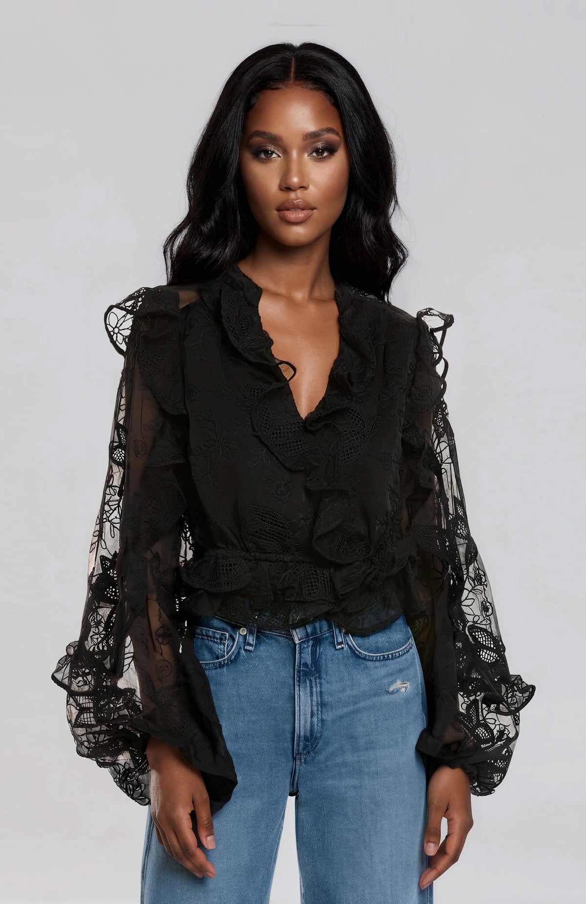 Frill Embroidered Blouse – Black (Final Sale) Frill Embroidered Blouse – Black (Final Sale)