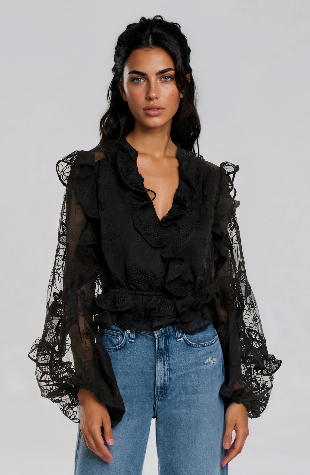 Frill Embroidered Blouse – Black (Final Sale) Frill Embroidered Blouse – Black (Final Sale)