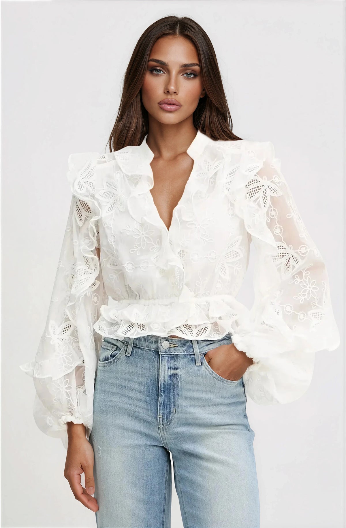 Frill Embroidered Blouse – Orchid White Frill Embroidered Blouse – Orchid White