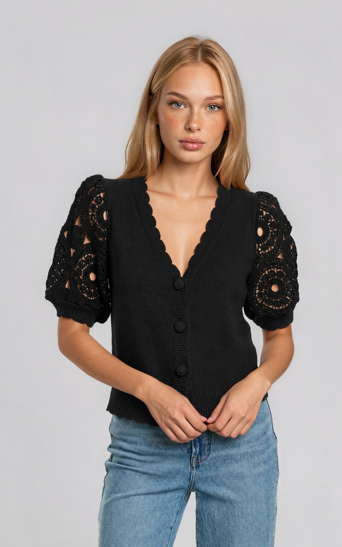 Crochet Puff Cardigan - Black (Final Sale) Crochet Puff Cardigan - Black (Final Sale)