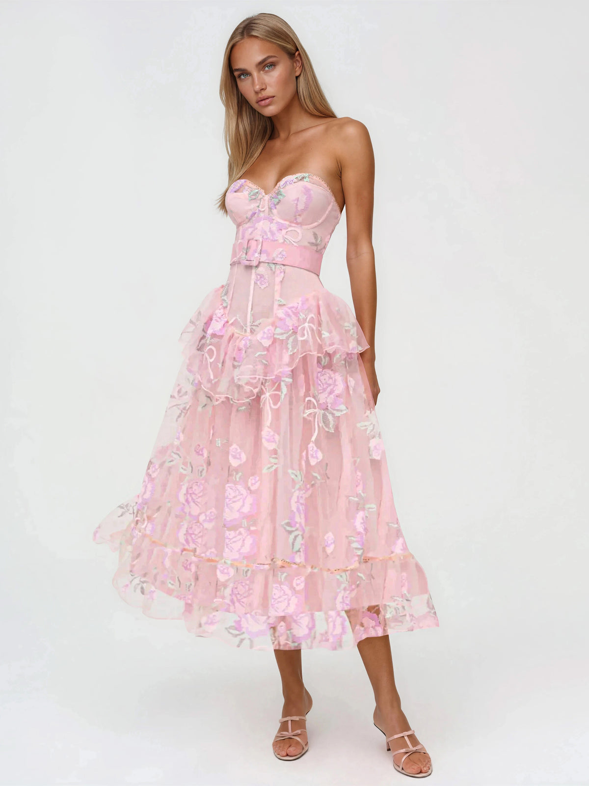 Emmeline Embroidery Midi Dress - Pink Emmeline Embroidery Midi Dress - Pink