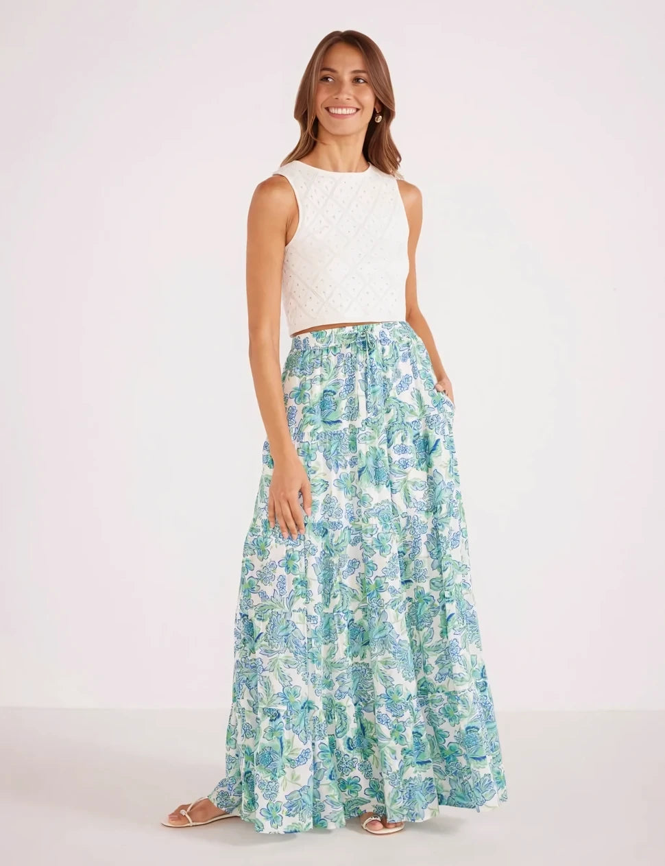 Alessia Tiered Midi Skirt - Blue/Green Floral (Final Sale) Alessia Tiered Midi Skirt - Blue/Green Floral (Final Sale)