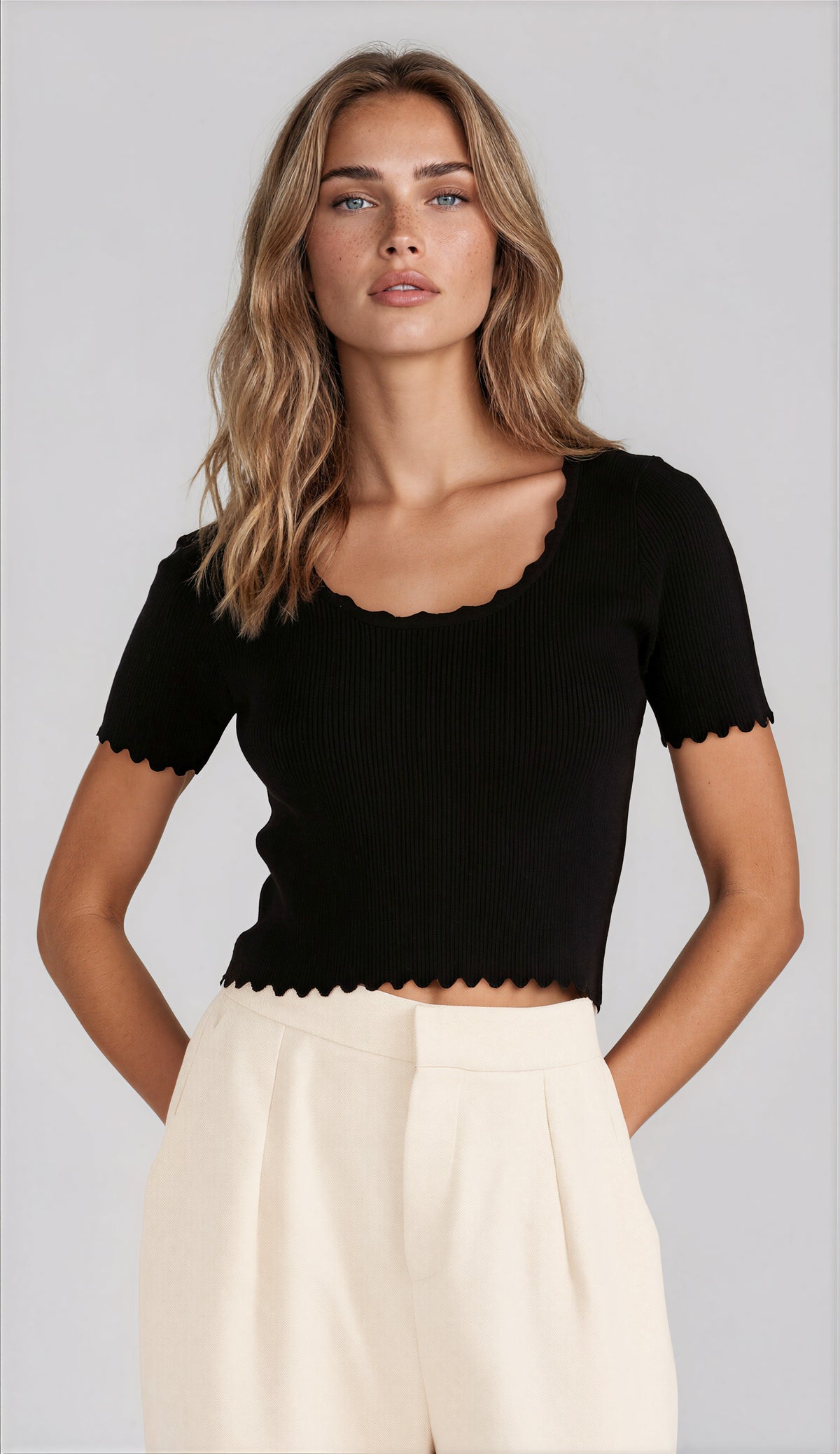 Laura Scallop Knit Tee - Black (Final Sale) Laura Scallop Knit Tee - Black (Final Sale)