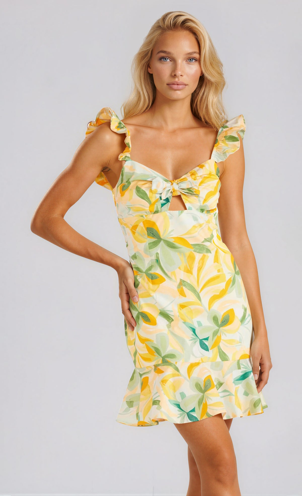 Solstice Front Tie Mini Dress - Yellow Palm Print (Final Sale) Solstice Front Tie Mini Dress - Yellow Palm Print (Final Sale)