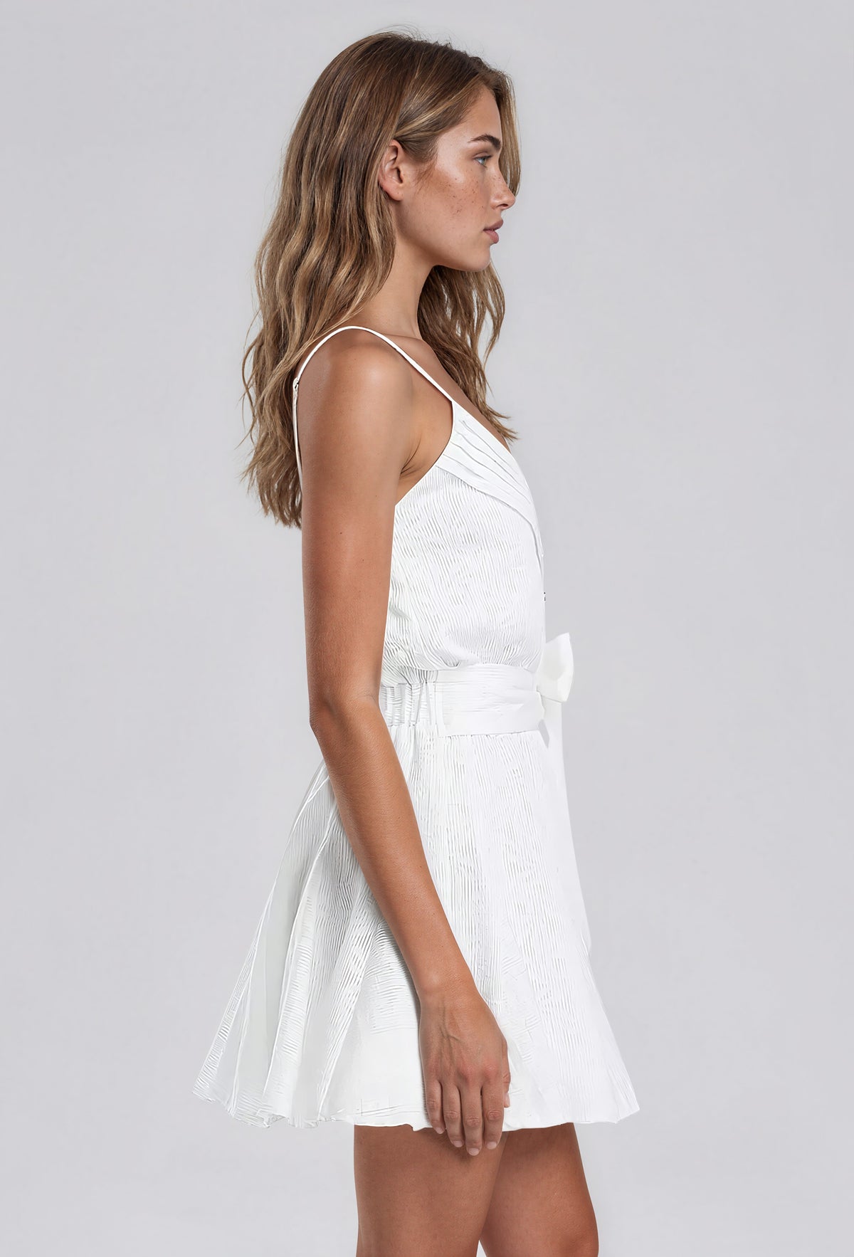 Kallie V Neck Sash Belt Mini Dress - White Springtime Burnout (Final Sale) Kallie V Neck Sash Belt Mini Dress - White Springtime Burnout (Final Sale)