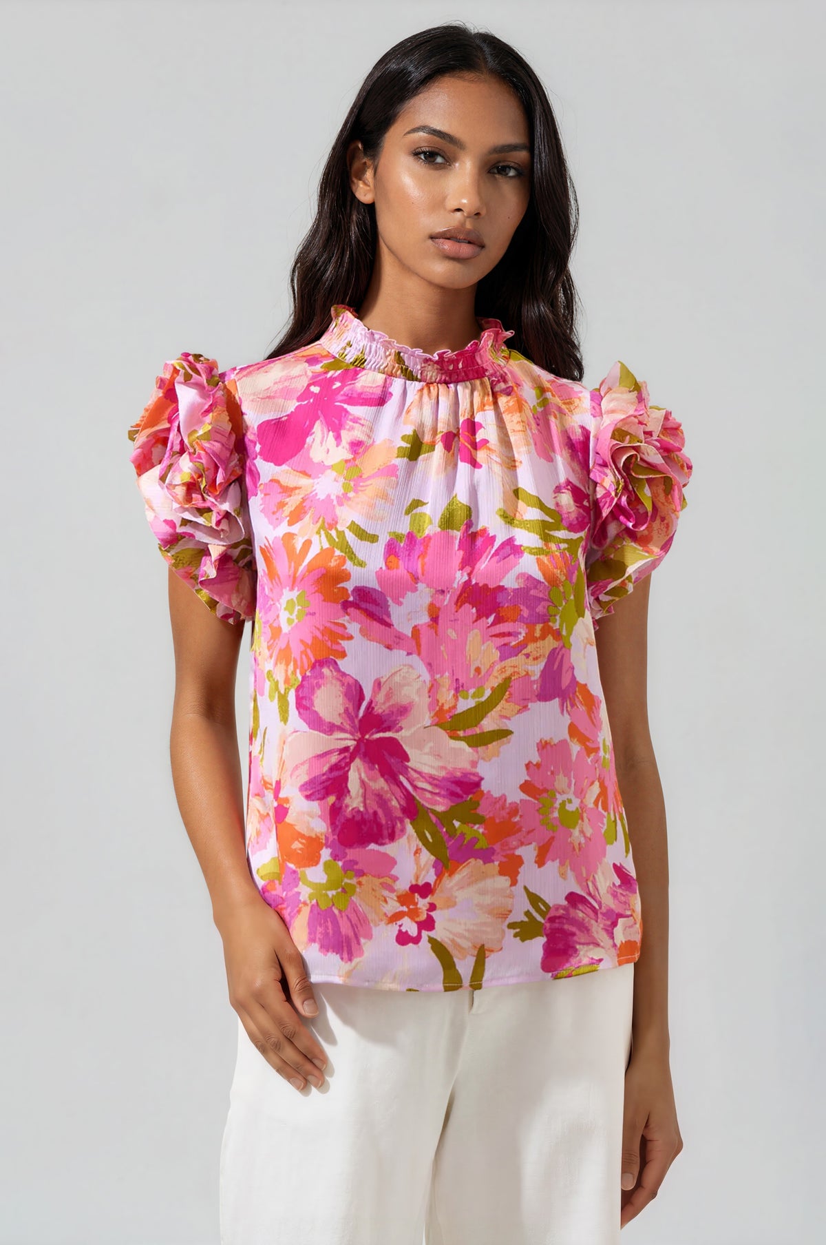 Abigal Floral Brenna Mock Neck Ruffle Blouse - Coral Multi (Final Sale) Abigal Floral Brenna Mock Neck Ruffle Blouse - Coral Multi (Final Sale)