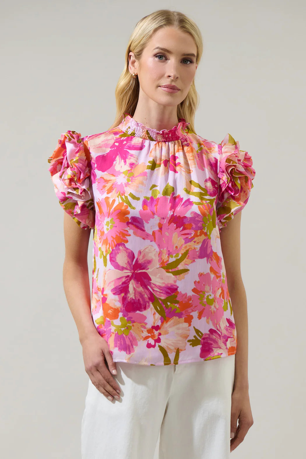 Abigal Floral Brenna Mock Neck Ruffle Blouse - Coral Multi (Final Sale) Abigal Floral Brenna Mock Neck Ruffle Blouse - Coral Multi (Final Sale)