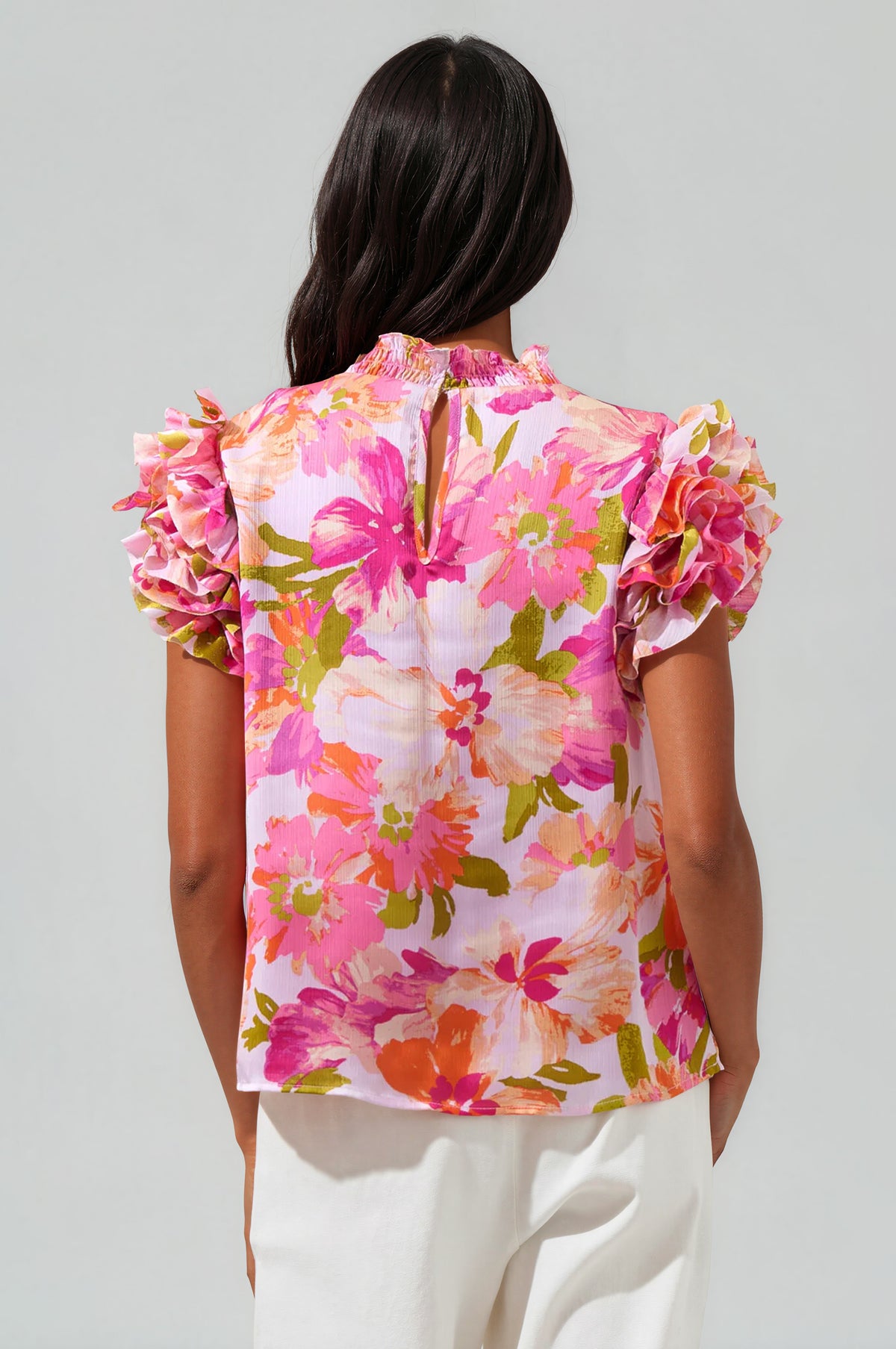 Abigal Floral Brenna Mock Neck Ruffle Blouse - Coral Multi (Final Sale) Abigal Floral Brenna Mock Neck Ruffle Blouse - Coral Multi (Final Sale)