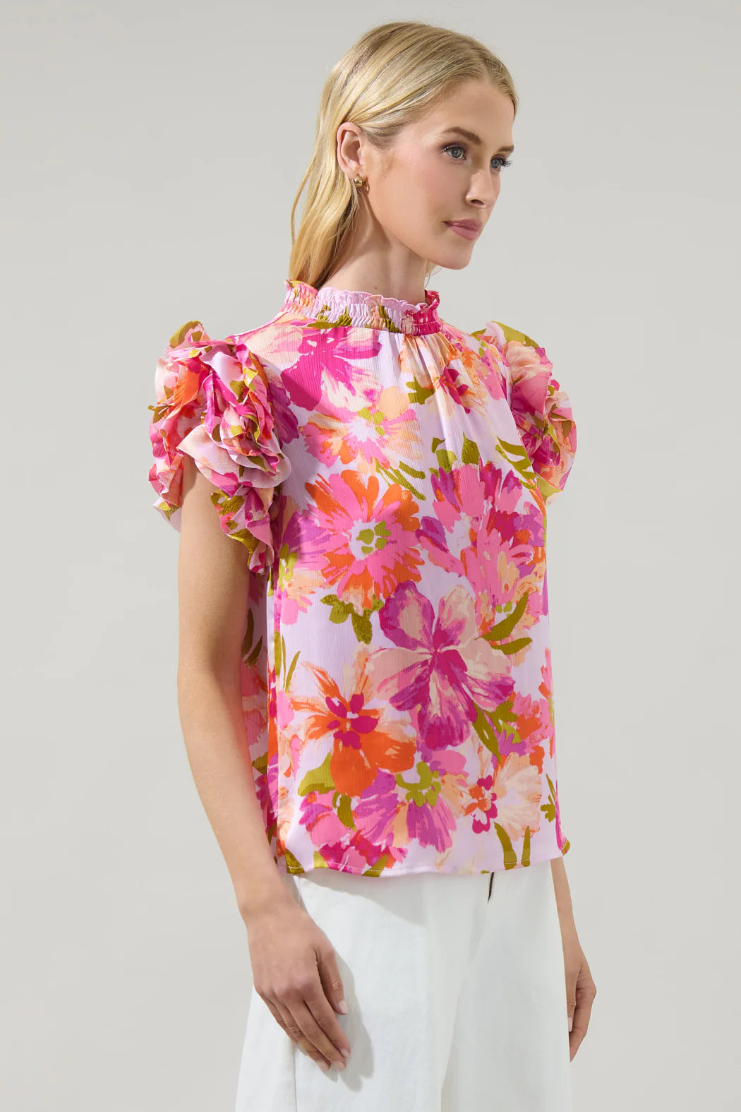 Abigal Floral Brenna Mock Neck Ruffle Blouse - Coral Multi (Final Sale) Abigal Floral Brenna Mock Neck Ruffle Blouse - Coral Multi (Final Sale)