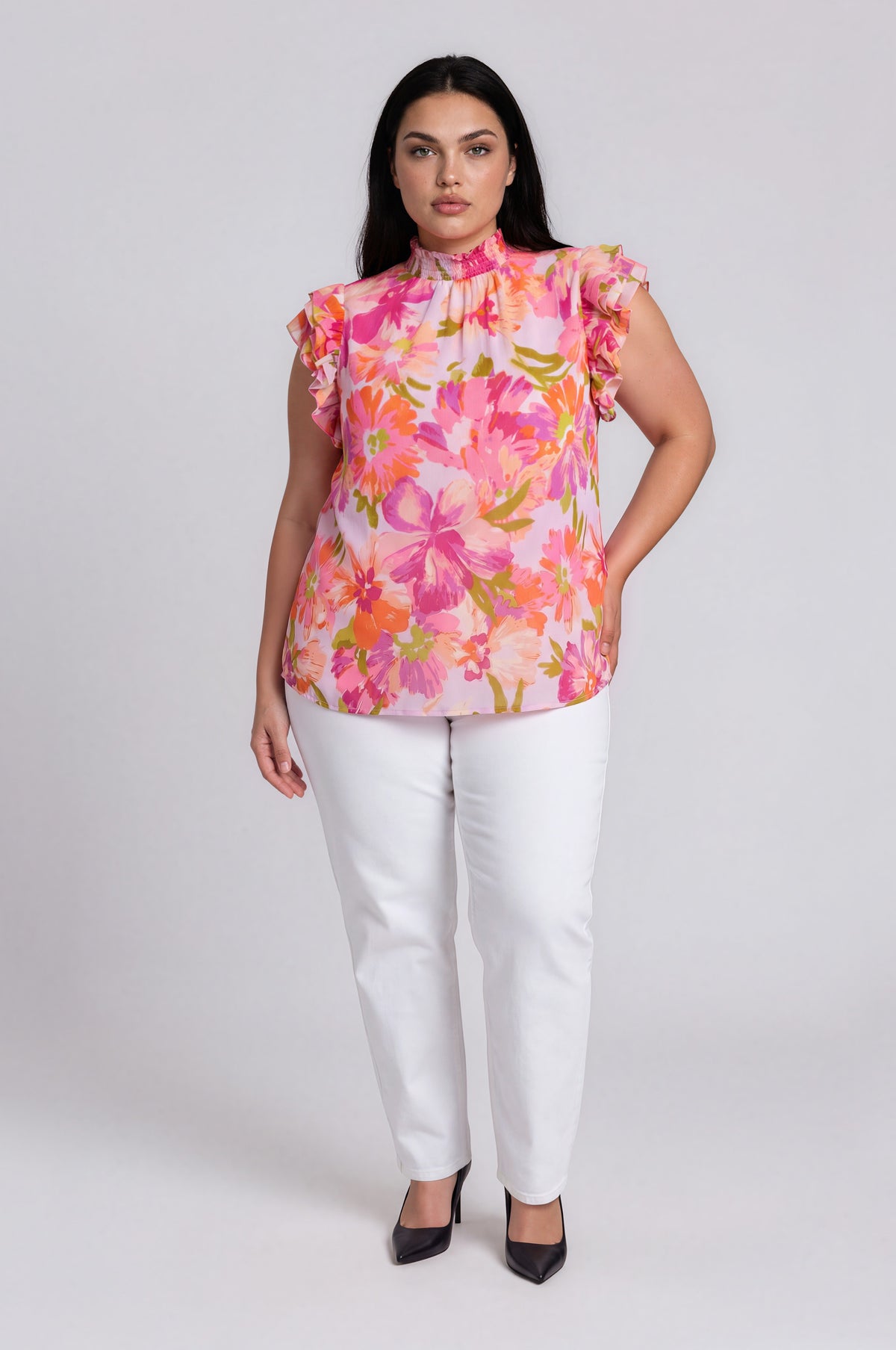 Abigal Floral Brenna Mock Neck Ruffle Blouse - Coral Multi (Final Sale) Abigal Floral Brenna Mock Neck Ruffle Blouse - Coral Multi (Final Sale)