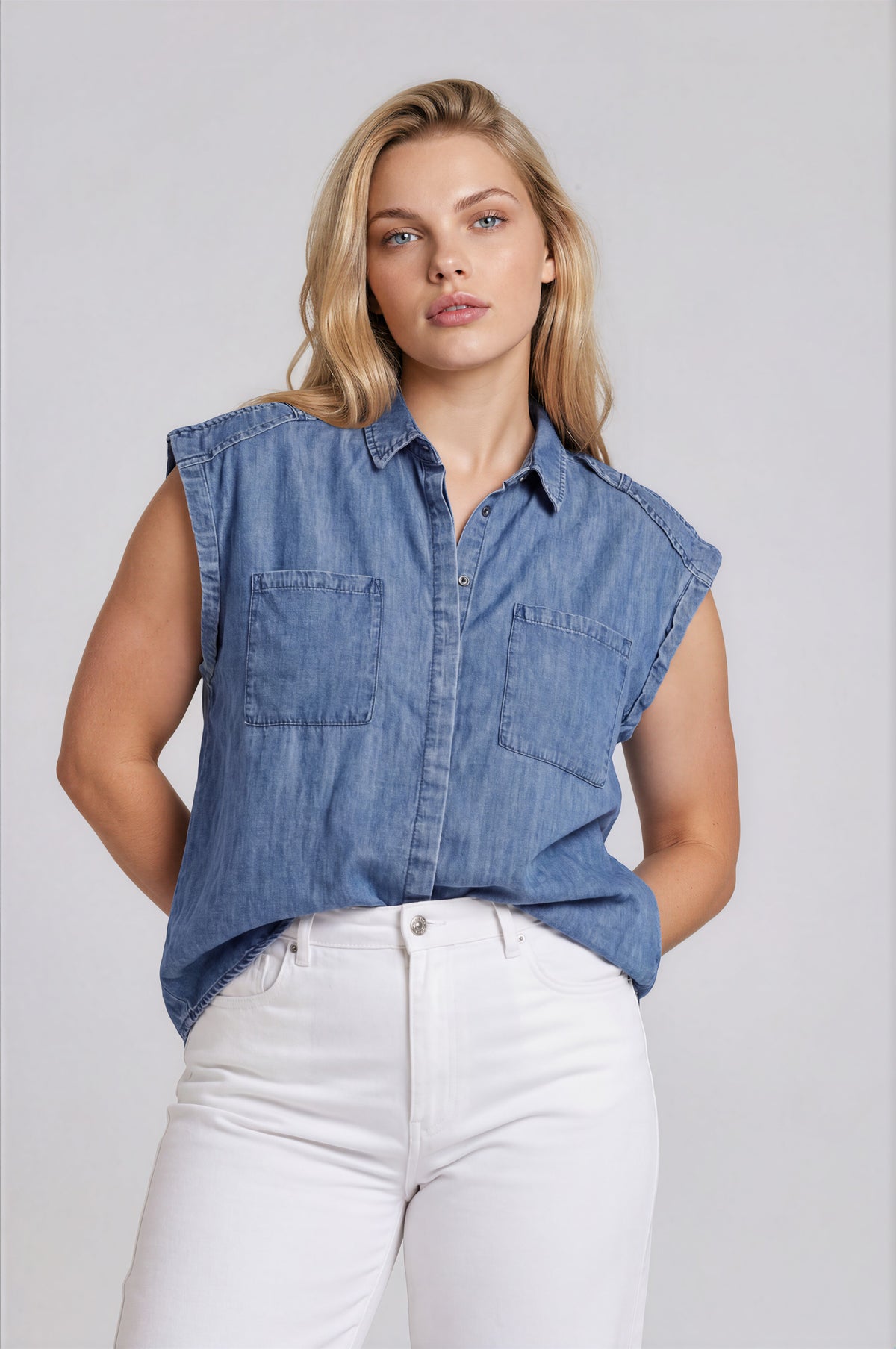Acid Wash Chambray Button Down Top Curve - Washed Blue (Final Sale) Acid Wash Chambray Button Down Top Curve - Washed Blue (Final Sale)