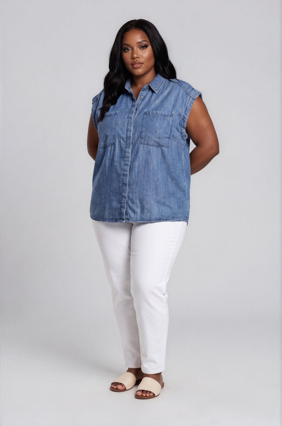 Acid Wash Chambray Button Down Top Curve - Washed Blue (Final Sale) Acid Wash Chambray Button Down Top Curve - Washed Blue (Final Sale)