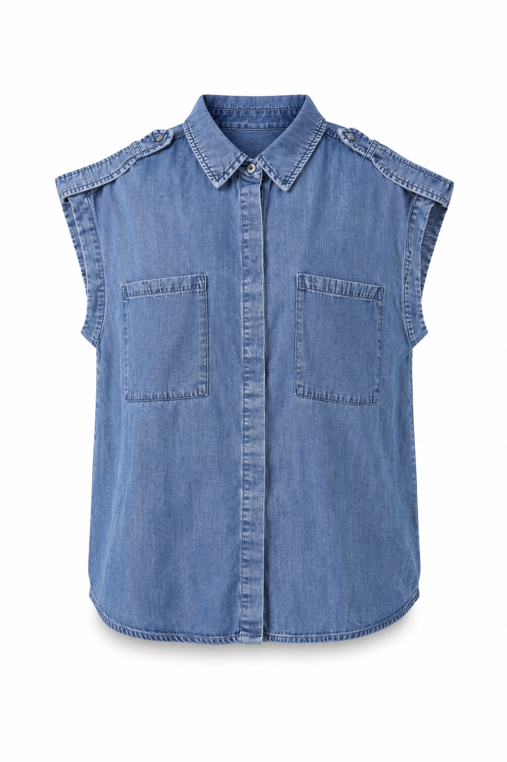 Acid Wash Chambray Button Down Top Curve - Washed Blue (Final Sale) Acid Wash Chambray Button Down Top Curve - Washed Blue (Final Sale)