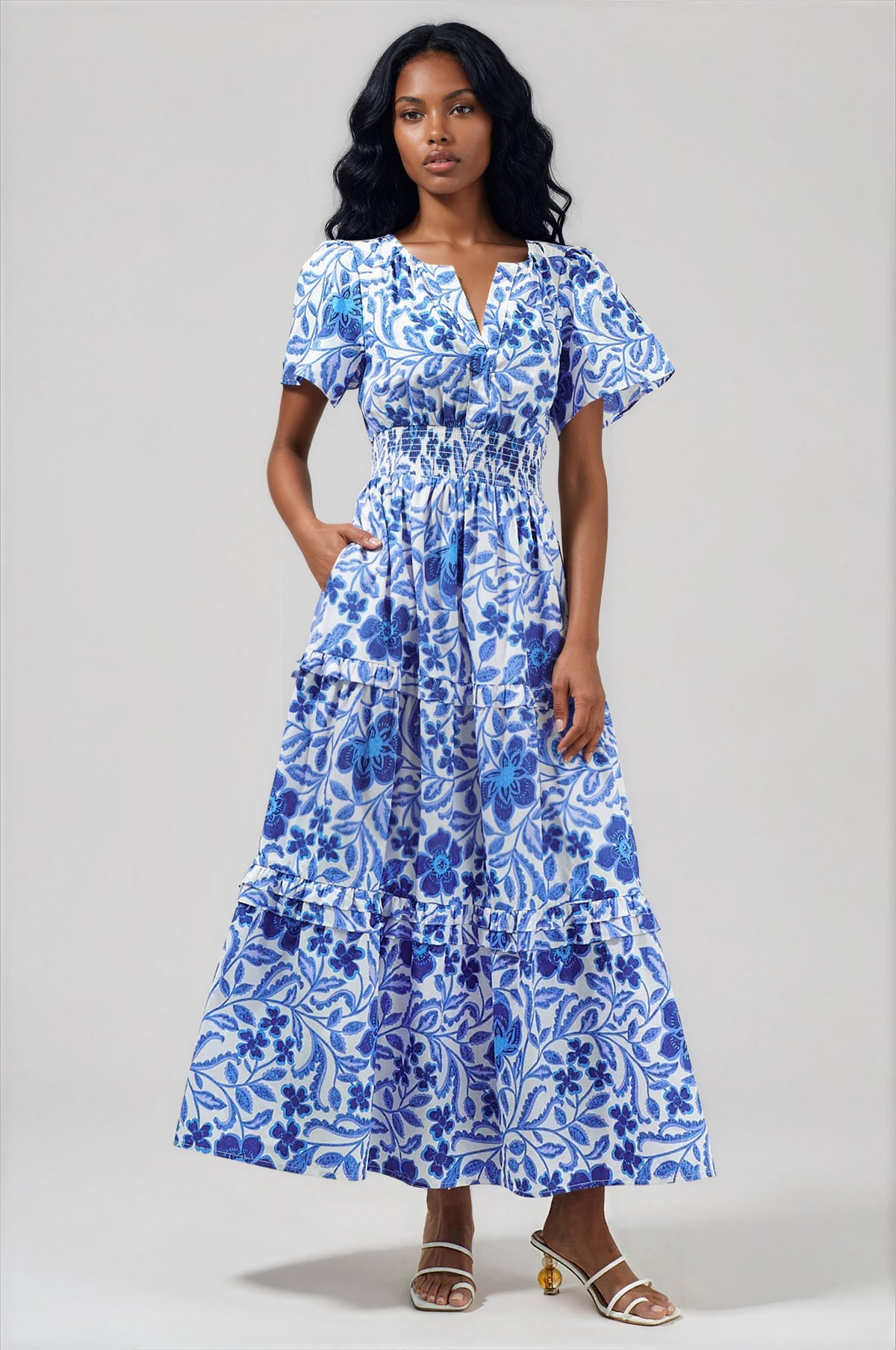 Celeste Floral Palmer Poplin Tiered Maxi Dress - White/Blue Combo (Final Sale) Celeste Floral Palmer Poplin Tiered Maxi Dress - White/Blue Combo (Final Sale)