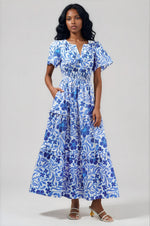 Celeste Floral Palmer Poplin Tiered Maxi Dress - White/Blue Combo (Final Sale) Celeste Floral Palmer Poplin Tiered Maxi Dress - White/Blue Combo (Final Sale)