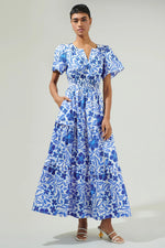 Celeste Floral Palmer Poplin Tiered Maxi Dress - White/Blue Combo (Final Sale) Celeste Floral Palmer Poplin Tiered Maxi Dress - White/Blue Combo (Final Sale)