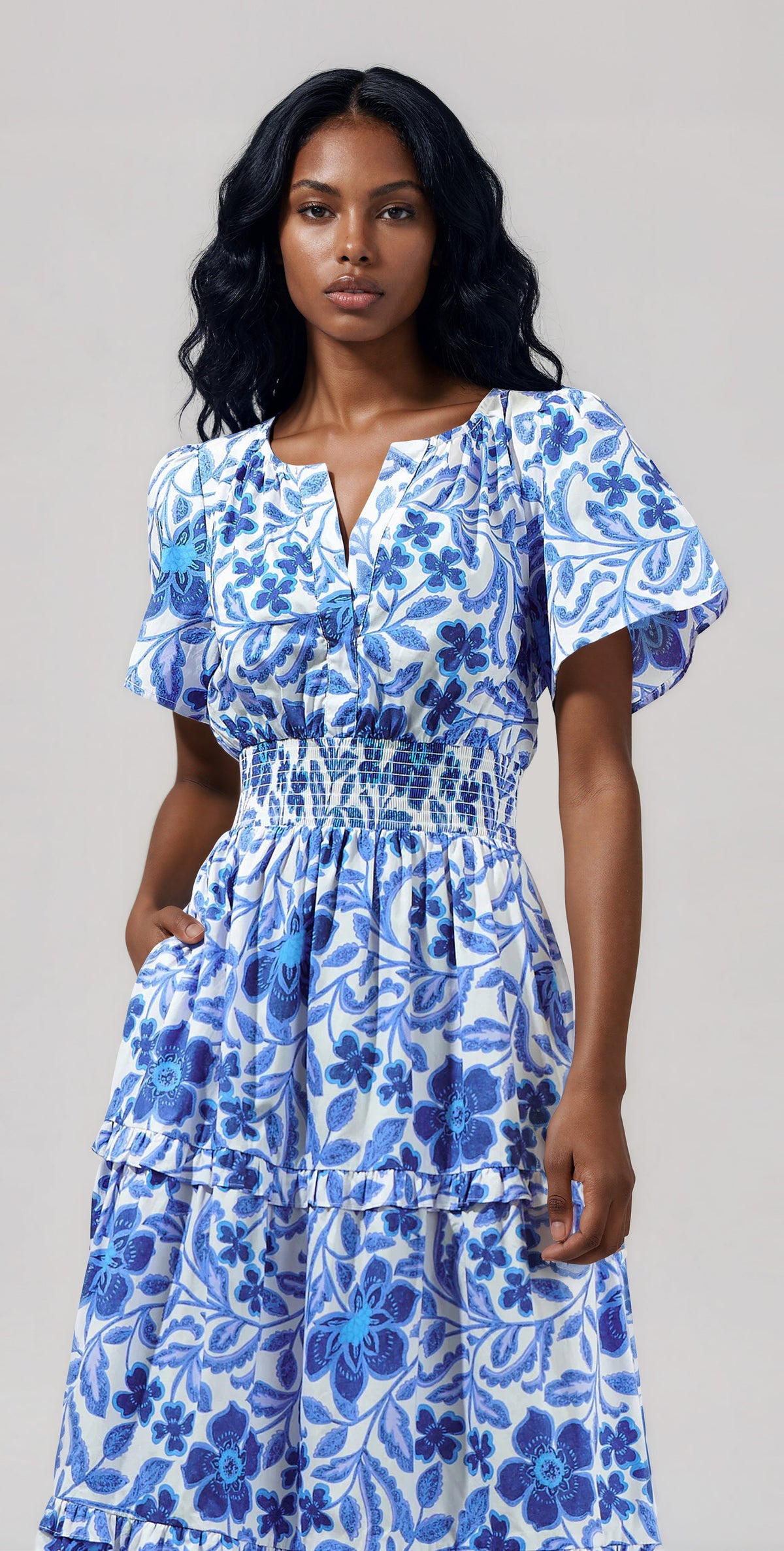 Celeste Floral Palmer Poplin Tiered Maxi Dress - White/Blue Combo (Final Sale) Celeste Floral Palmer Poplin Tiered Maxi Dress - White/Blue Combo (Final Sale)
