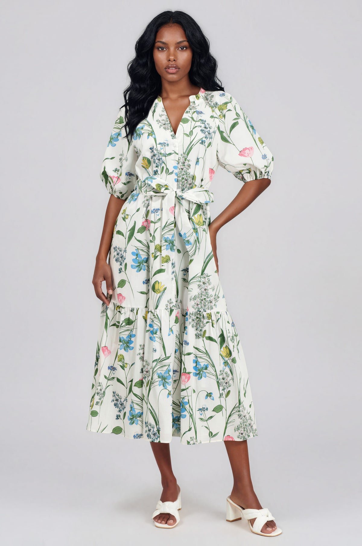Clove Garden Floral Wynette Tiered Midi Dress - White/Pink/Green (Final Sale) Clove Garden Floral Wynette Tiered Midi Dress - White/Pink/Green (Final Sale)