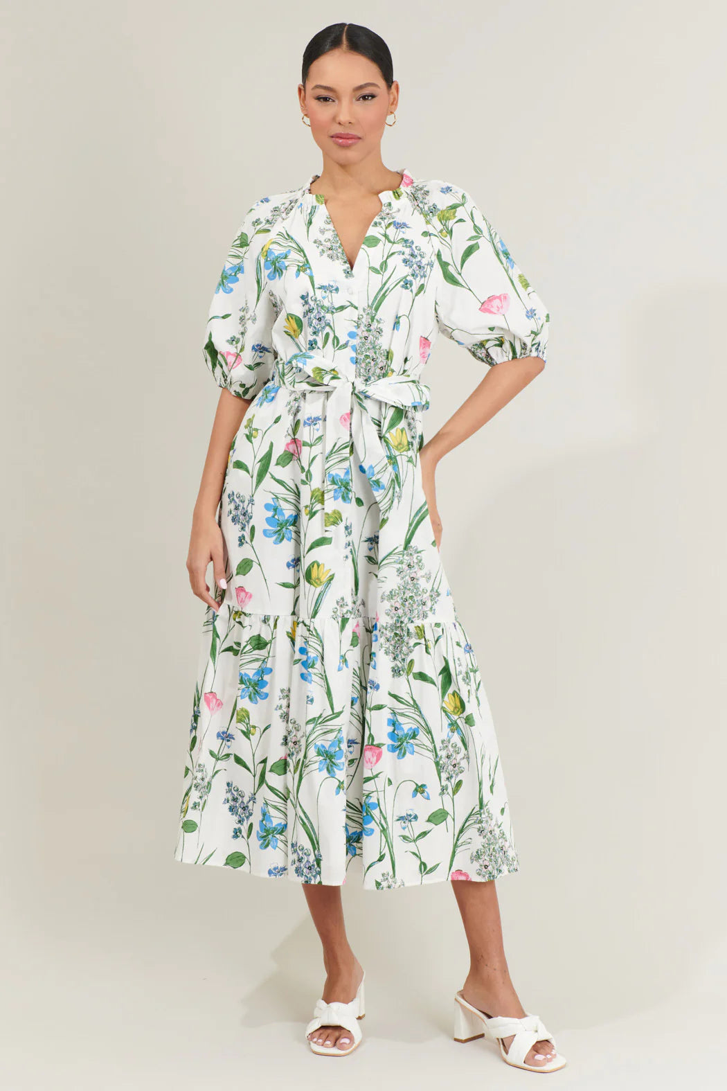 Clove Garden Floral Wynette Tiered Midi Dress - White/Pink/Green (Final Sale) Clove Garden Floral Wynette Tiered Midi Dress - White/Pink/Green (Final Sale)