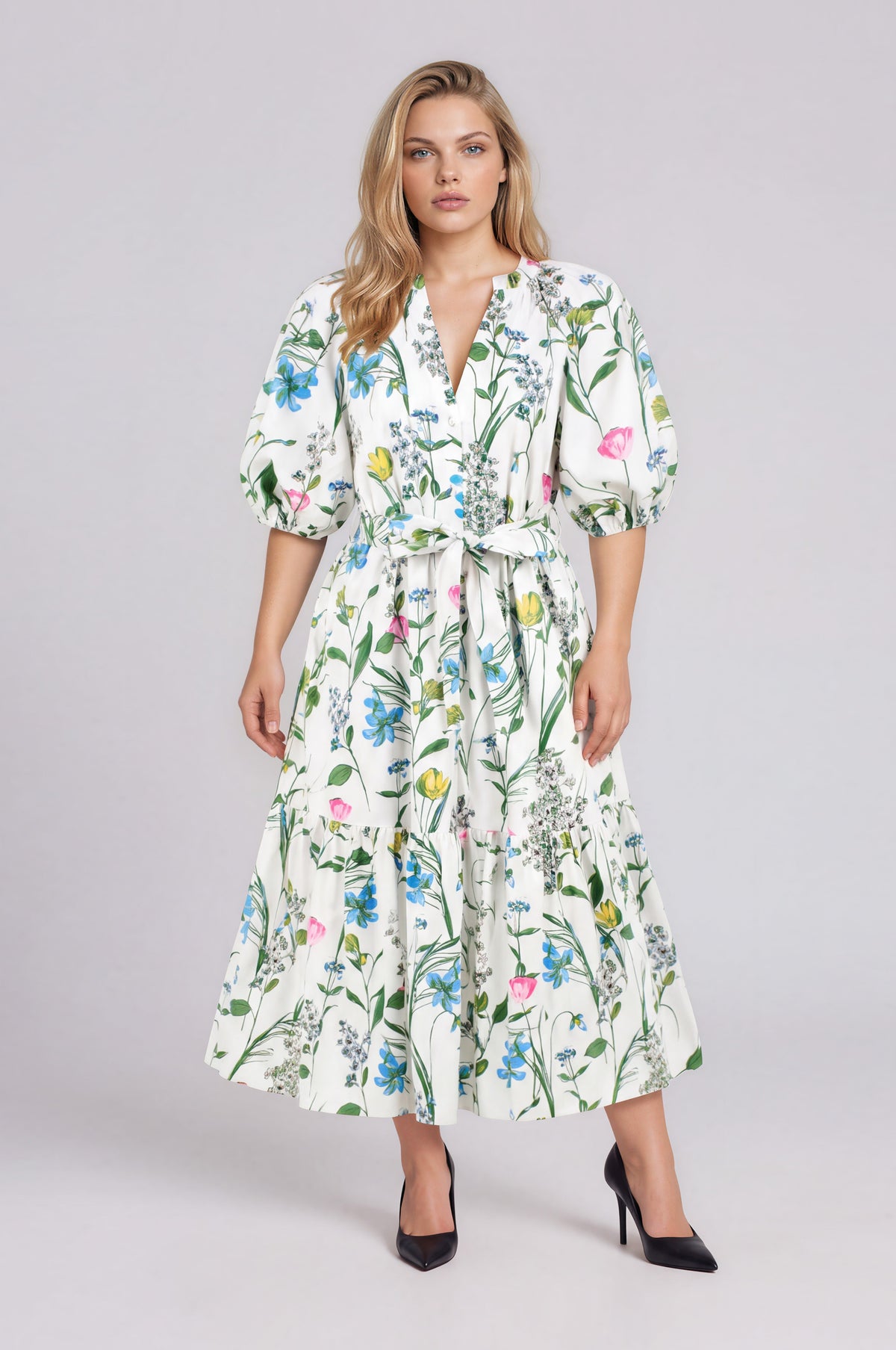 Clove Garden Floral Wynette Tiered Midi Dress - White/Pink/Green (Final Sale) Clove Garden Floral Wynette Tiered Midi Dress - White/Pink/Green (Final Sale)