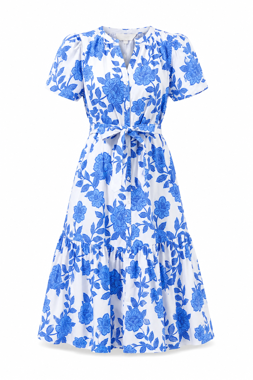 Glantis Floral Cora Button Up Midi Dress - White/Blue Multi (Final Sale) Glantis Floral Cora Button Up Midi Dress - White/Blue Multi (Final Sale)
