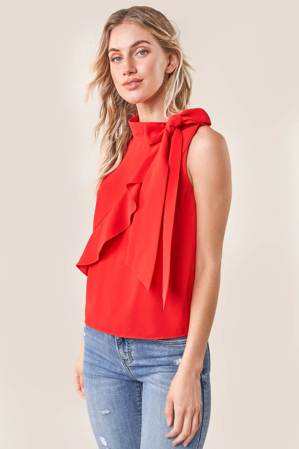 Hustler Sleeveless Neck Tie Blouse Curve - Red (Final Sale) Hustler Sleeveless Neck Tie Blouse Curve - Red (Final Sale)