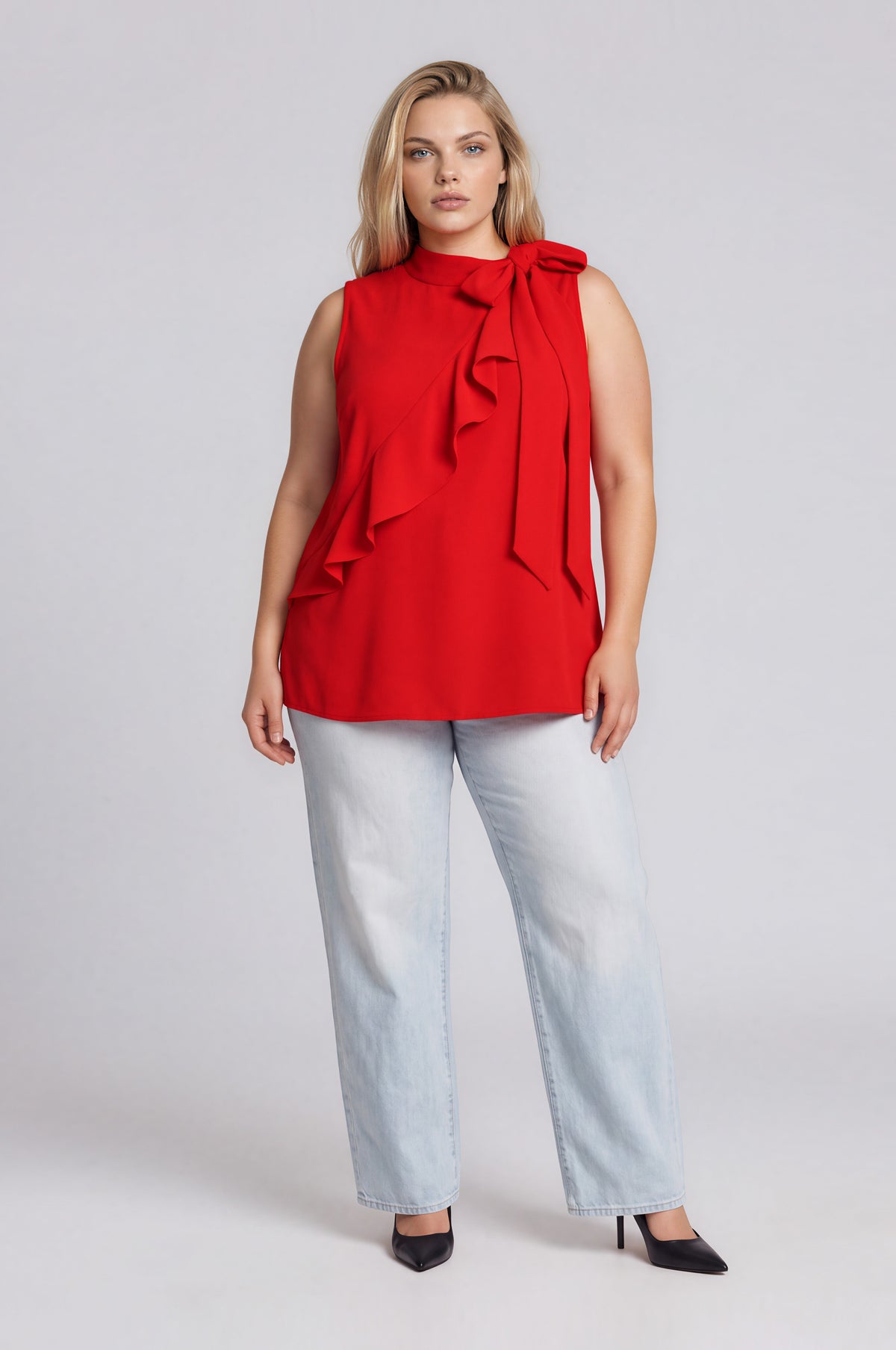Hustler Sleeveless Neck Tie Blouse Curve - Red (Final Sale) Hustler Sleeveless Neck Tie Blouse Curve - Red (Final Sale)