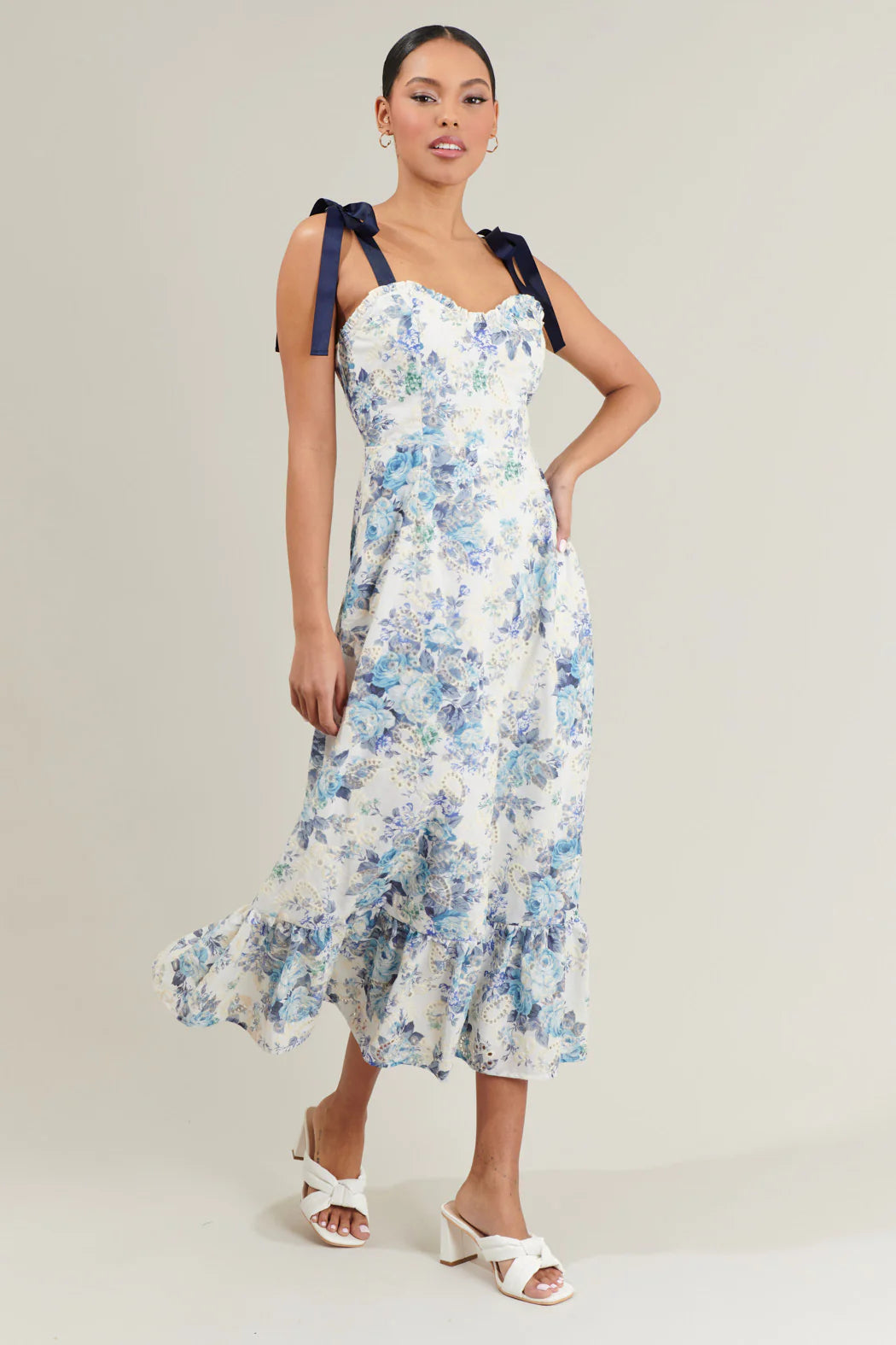 Majesty Floral Villa Garden Eyelet Midi Dress - White/Blue (Final Sale) Majesty Floral Villa Garden Eyelet Midi Dress - White/Blue (Final Sale)