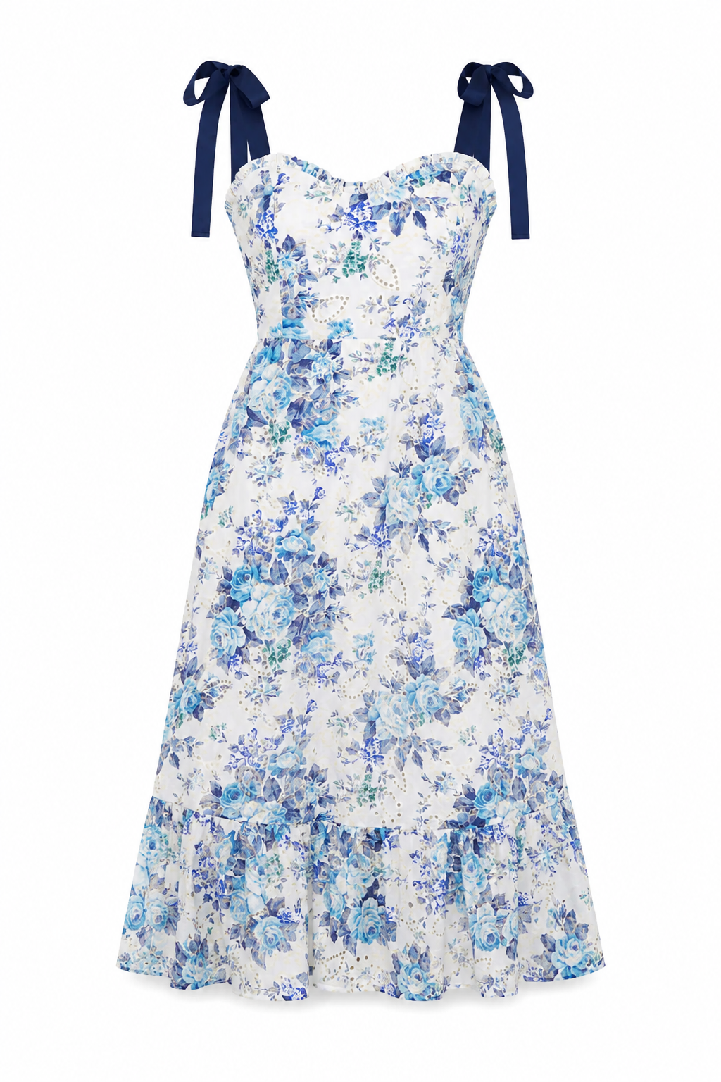 Majesty Floral Villa Garden Eyelet Midi Dress - White/Blue (Final Sale) Majesty Floral Villa Garden Eyelet Midi Dress - White/Blue (Final Sale)