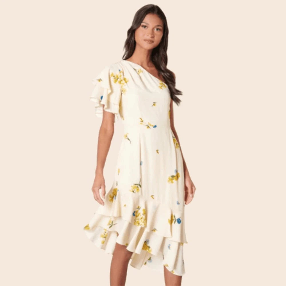 Melba Floral One Shoulder Asymmetrical Dress Curve - Ivory/Yellow/Blue (Final Sale) Melba Floral One Shoulder Asymmetrical Dress Curve - Ivory/Yellow/Blue (Final Sale)