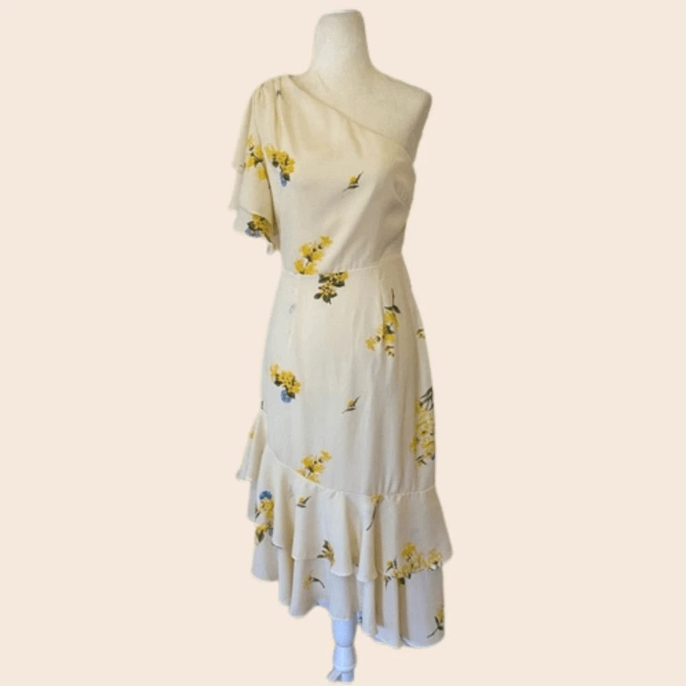 Melba Floral One Shoulder Asymmetrical Dress Curve - Ivory/Yellow/Blue (Final Sale) Melba Floral One Shoulder Asymmetrical Dress Curve - Ivory/Yellow/Blue (Final Sale)