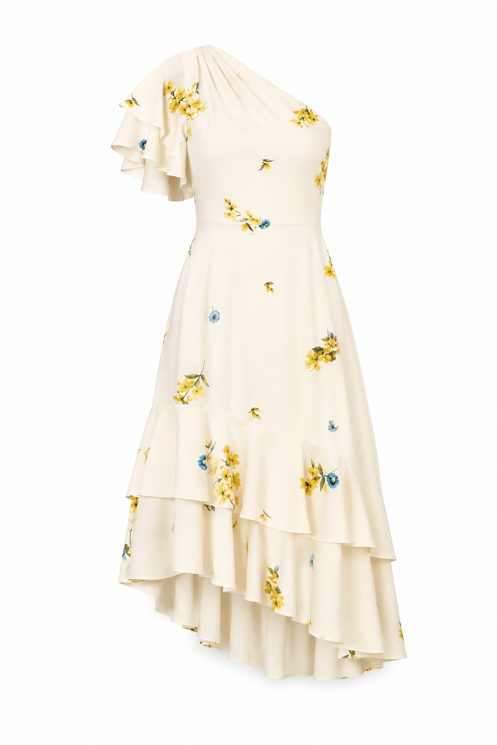 Melba Floral One Shoulder Asymmetrical Dress Curve - Ivory/Yellow/Blue (Final Sale) Melba Floral One Shoulder Asymmetrical Dress Curve - Ivory/Yellow/Blue (Final Sale)