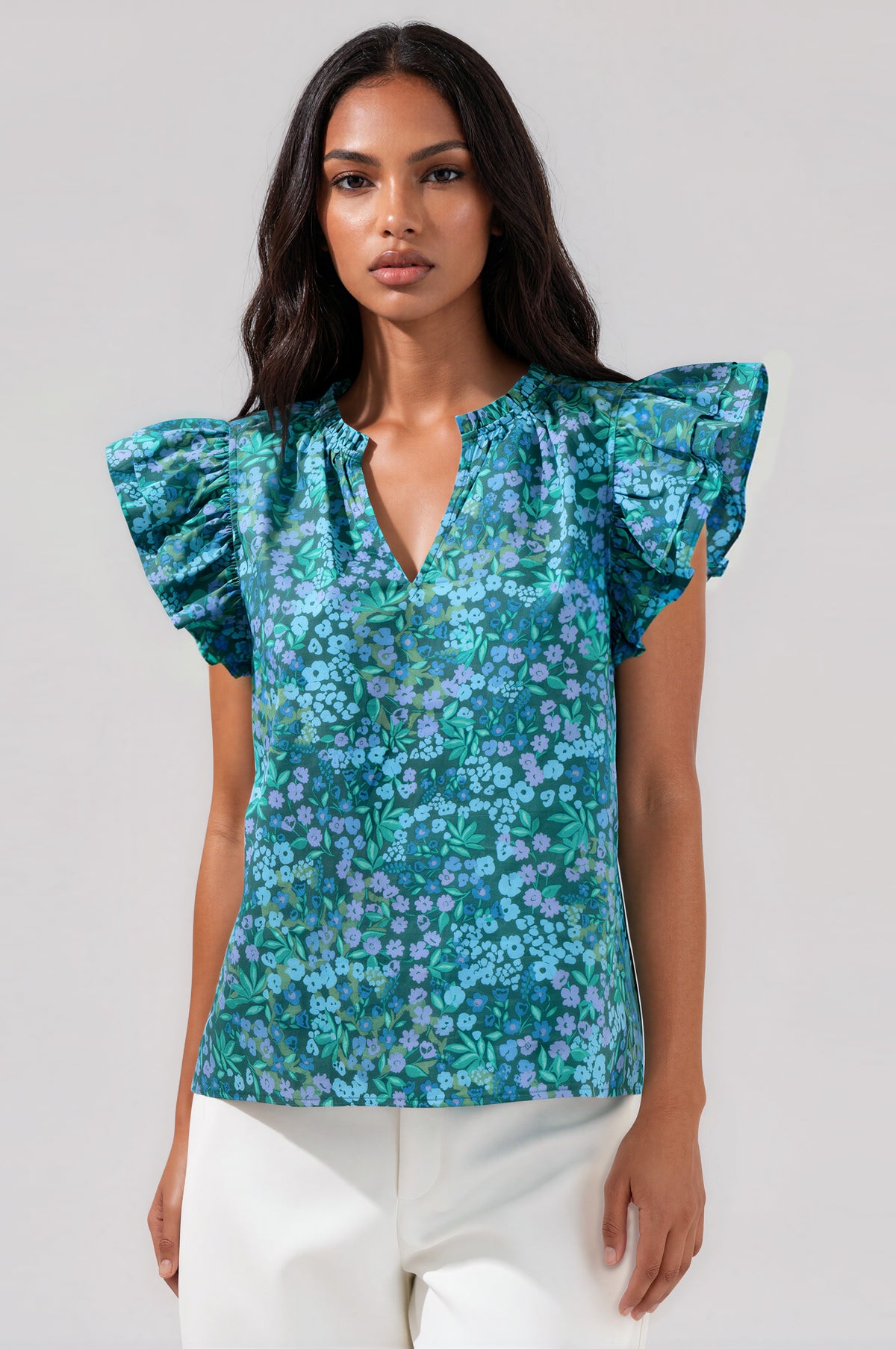 Midnight Floral Risette Ruffle Split Neck Top - Emerald/Blue Multi (Final Sale) Midnight Floral Risette Ruffle Split Neck Top - Emerald/Blue Multi (Final Sale)