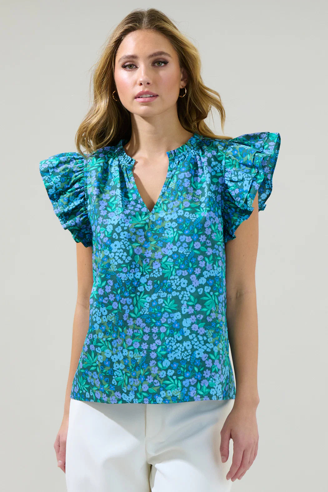 Midnight Floral Risette Ruffle Split Neck Top - Emerald/Blue Multi (Final Sale) Midnight Floral Risette Ruffle Split Neck Top - Emerald/Blue Multi (Final Sale)