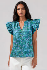 Midnight Floral Risette Ruffle Split Neck Top - Emerald/Blue Multi (Final Sale) Midnight Floral Risette Ruffle Split Neck Top - Emerald/Blue Multi (Final Sale)