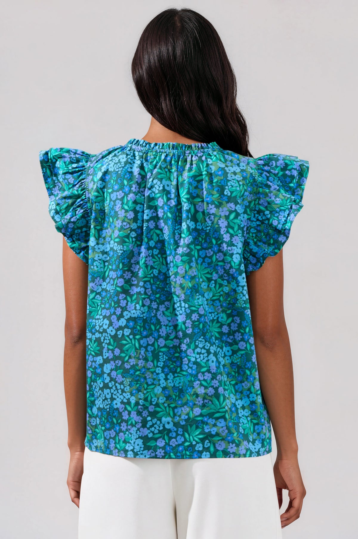 Midnight Floral Risette Ruffle Split Neck Top - Emerald/Blue Multi (Final Sale) Midnight Floral Risette Ruffle Split Neck Top - Emerald/Blue Multi (Final Sale)