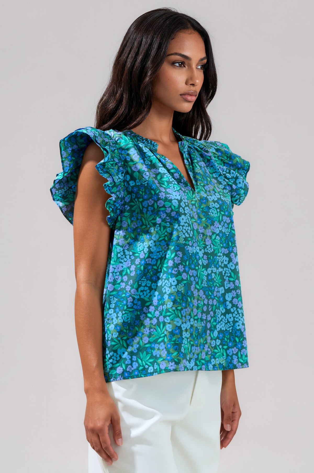 Midnight Floral Risette Ruffle Split Neck Top - Emerald/Blue Multi (Final Sale) Midnight Floral Risette Ruffle Split Neck Top - Emerald/Blue Multi (Final Sale)