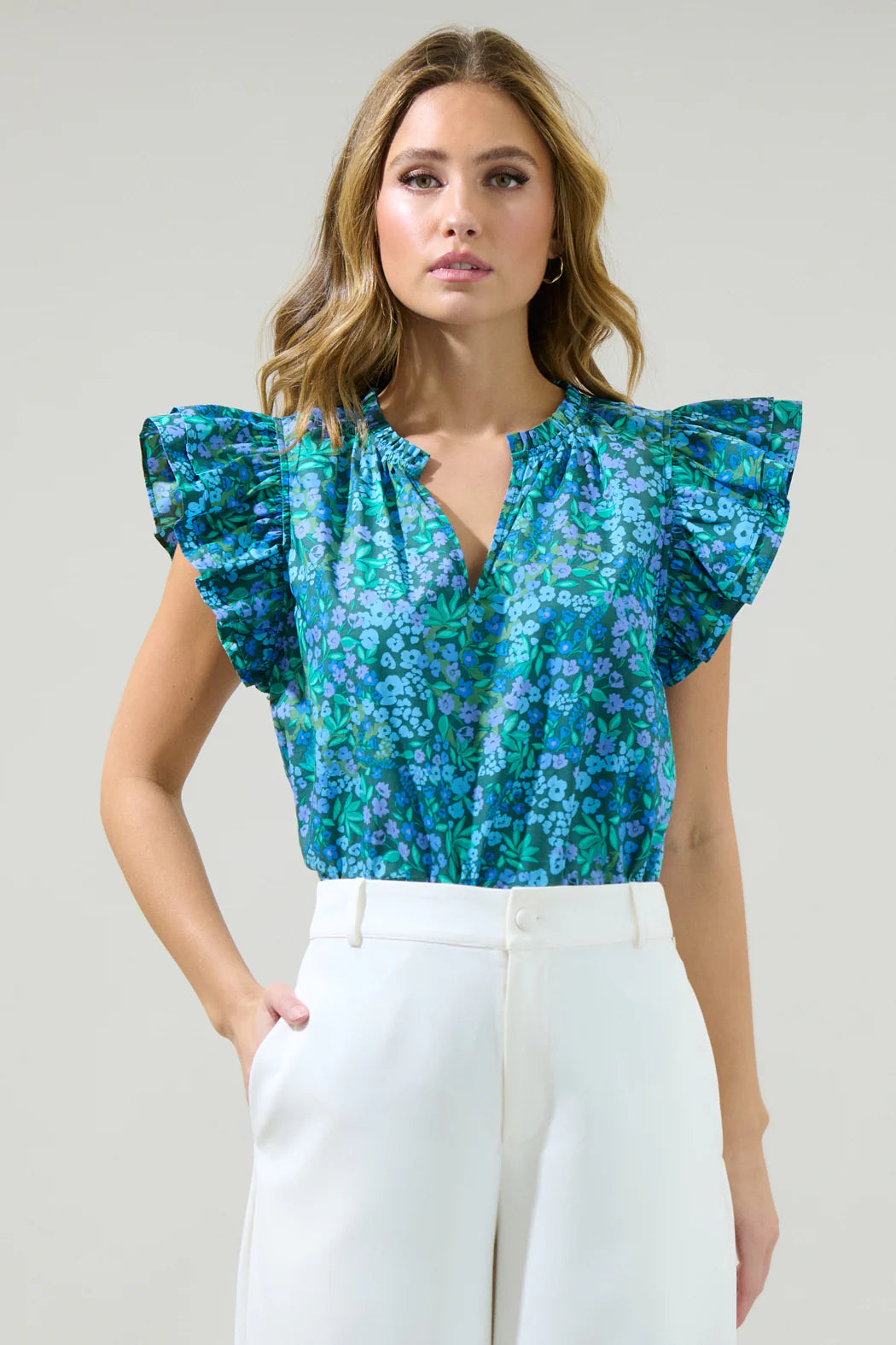 Midnight Floral Risette Ruffle Split Neck Top - Emerald/Blue Multi (Final Sale) Midnight Floral Risette Ruffle Split Neck Top - Emerald/Blue Multi (Final Sale)