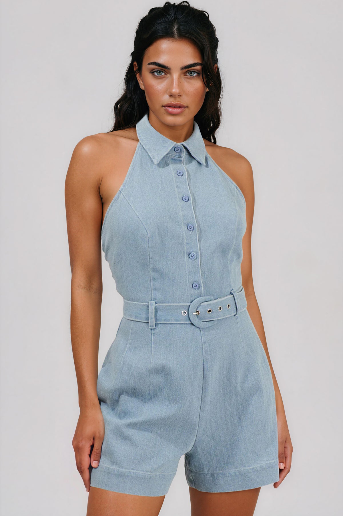 Roslyn Denim Halter Neck Romper - LT/Denim (Final Sale) Roslyn Denim Halter Neck Romper - LT/Denim (Final Sale)