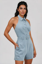 Roslyn Denim Halter Neck Romper - LT/Denim (Final Sale) Roslyn Denim Halter Neck Romper - LT/Denim (Final Sale)