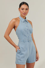 Roslyn Denim Halter Neck Romper - LT/Denim (Final Sale) Roslyn Denim Halter Neck Romper - LT/Denim (Final Sale)